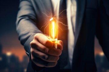 Poster - A man in a suit holding a light bulb, perfect for business concepts