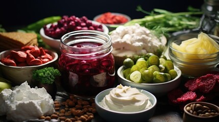 Poster - A variety of food items displayed on a table. Suitable for food and restaurant concepts