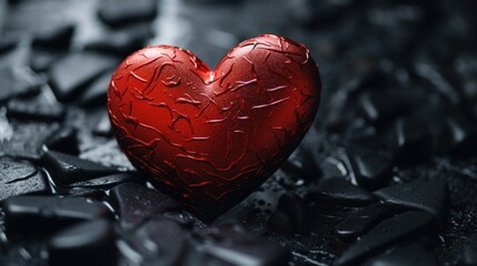 Poster - A red heart sitting on top of a pile of black rocks. Suitable for various romantic concepts