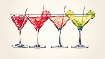 Poster - Vibrant image of three cocktail glasses with different colored drinks. Perfect for beverage and party concepts