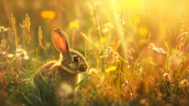 A serene rabbit nestled in a lush meadow, bathed in golden sunlight, capturing the essence of tranquility
