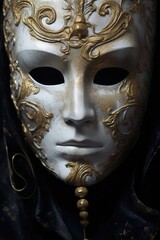 Poster - A white mask adorned with intricate gold decorations. Perfect for masquerade events