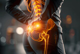Fototapeta Kuchnia - Pain concept - female suffering from hip pain, pain is visualized with glowing bones