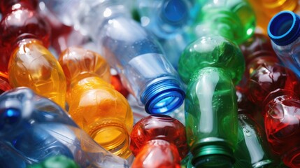 Poster - Close up of various colored plastic bottles, suitable for environmental, recycling, or waste management concepts
