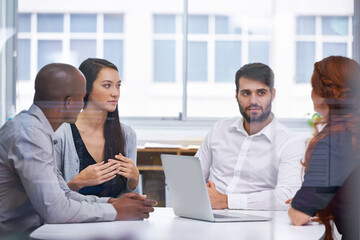 Aufkleber - Business people, conversation and boardroom meeting or startup teamwork for b2b collaboration, development or planning. Men, women and laptop in conference room as problem solving, decision or client