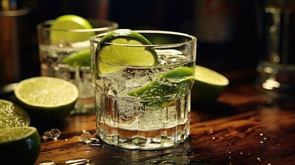 Poster - Refreshing glass of water with lime slices, perfect for hydration and summer drinks