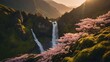 Cherry blossom in front of a waterfall in the mountains at sunset