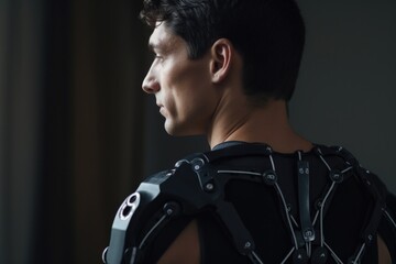 Poster - A man wearing black body armor gazes out a window. Perfect for security or surveillance concepts