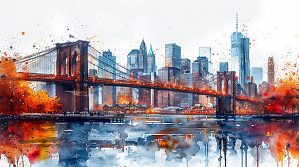 Poster - Watercolor touristic postcard, view of Brooklyn Bridge