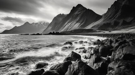 Poster - A stunning black and white photo of a rocky beach. Perfect for nature and landscape designs