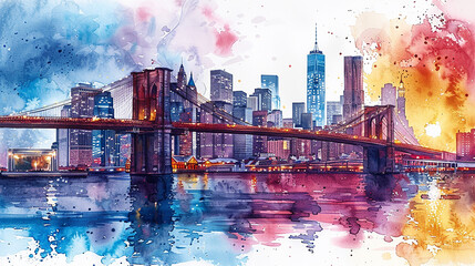 Sticker - Watercolor touristic postcard, view of Brooklyn Bridge