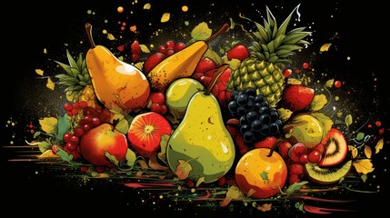 Wall Mural - Dynamic exploding fruits background, colorful shapes and flavors pop art banner, fresh juicy concept, banner