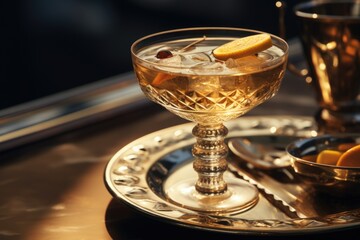 Poster - A glass filled with a drink on a silver tray. Suitable for various concepts