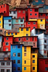 Poster - Colorful buildings with a majestic mountain in the background. Suitable for travel brochures