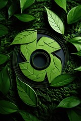 Poster - A green camera lens surrounded by green leaves. Ideal for photography and nature concepts