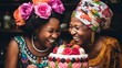 Two happy African elderly women with birthday cake, concept of traditional family values, banner