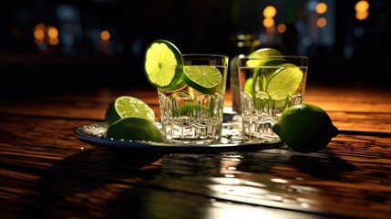 Poster - Refreshing water with lime slices on a serving tray. Perfect for food and beverage concepts