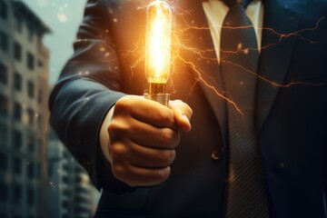 Poster - A man in a suit holding a glowing light bulb. Great for business concepts