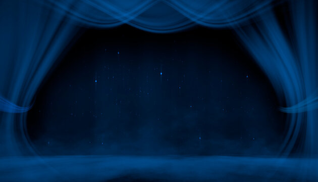 Empty dark theater stage, blue neon, curtains.