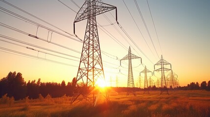 Aufkleber - Sun setting behind power lines in a field. Suitable for energy or nature themes