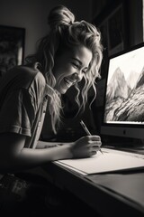 Poster - A woman sitting at a desk writing on a piece of paper. Suitable for office, education, or work concepts