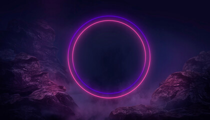 Wall Mural - night mountain landscape, neon circle in the center.