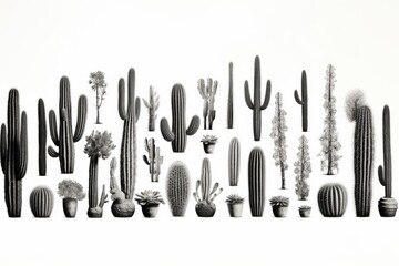 Poster - A monochrome image showcasing various cactus plants. Ideal for botanical projects