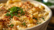 a close-up of creamy mac and cheese in a baking dish, topped with crispy breadcrumbs and freshly chopped chives.
