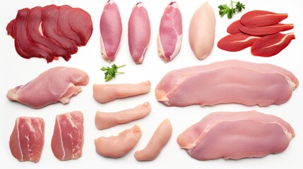 Poster - Various raw meats displayed on a clean white background. Ideal for food-related projects