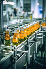 Wall Mural - Conveyor belt filled with bottles of orange juice. Ideal for illustrating beverage production processes