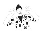 Fototapeta Dinusie - Caucasian man peace fingers black and white 2D line cartoon character. Solo traveler european guy isolated vector outline person. Male tourist vacationer posing monochromatic flat spot illustration