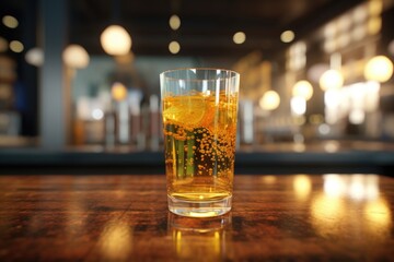 Poster - A glass filled with liquid on a wooden table. Suitable for food and drink concepts