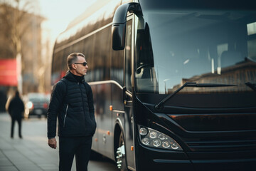 Poster - A man standing in front of a bus on a city street. Suitable for transportation concepts