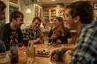 © Ilia Nesolenyi - A group of people laughing and chatting while sitting around a wooden table, engaged in board games during a vibrant game night