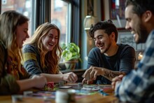 Friends Gathered Around A Table Playing A Game Of Monopoly, Laughing And Strategizing During A Game Night