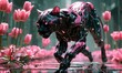 Generative Ai Illustration  Panther Android with Pink Tulips.