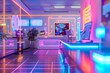 An animated 3D model of a neon-themed insurance company, with digital risk assessment tools and holographic client meetings