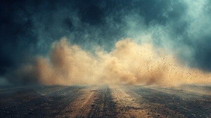 Poster - Scattering dust trail on track from fast movement of a car on a dusty road. High quality transparent realistic modern illustration.