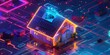 © Shutter2U - An isometric 3D depiction of a small, neon-infused futuristic home with smart tech and holographic windows