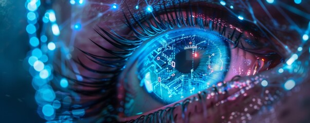 Close-up of intricate cybernetic eye, circuits glowing with futuristic blue light