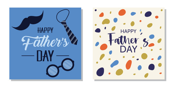 Father's Day greeting card set design with tie glasses and mustache. The set is great for social media posts, cards, brochures, flyers, and advertising poster templates. Vector illustration.	