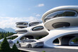 Futuristic white architecture with large glass windows and a sleek car parked in front of it.