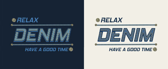 Leinwandbilder - Denim style horizontal label with typography, textured letters, jeans buttons, stitches. Detailed composition in vintage style on black, white background. For clothing, t shirt, surface design.