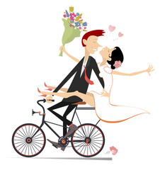 Wall Mural - Happy married wedding couple rides a bicycle. 
Happy lovers characters. Happy bridegroom with a bride on the hand rides a bicycle. Isolated on white background

