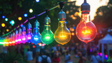 Fototapeta Dziecięca - Rainbow light bulb garland at festival