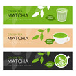 Green tea matcha design banner template. Japanese drink of pure organic powder. Matcha latte vector illustration. Cup and drinking glass of healthy natural vegan beverage. Tea plant branch with leaves
