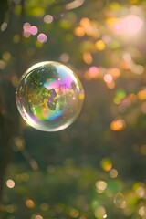 Wall Mural - a soap bubble floating in the air with trees in the background
