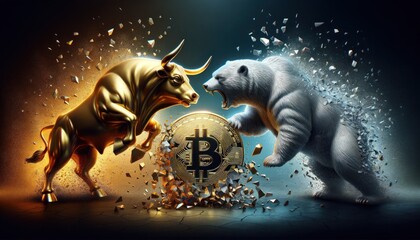 financial market concepts 'Bull and Bear', where a golden bull and a silver bear