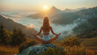 Lifestyle woman yoga exercise and pose for healthy life. Young girl or people pose balance body vital zen and meditation for workout nature mountain background in morning day. Copy space for banner.