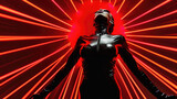 Fototapeta Dziecięca - Woman in a beautiful latex suit on a black and red background